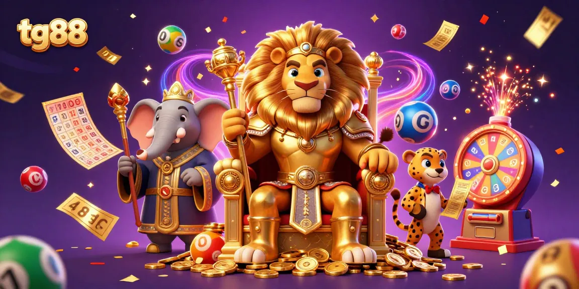 Experience vibrant luck and excitement at tg88 with colorful lottery elements and a majestic lion king.