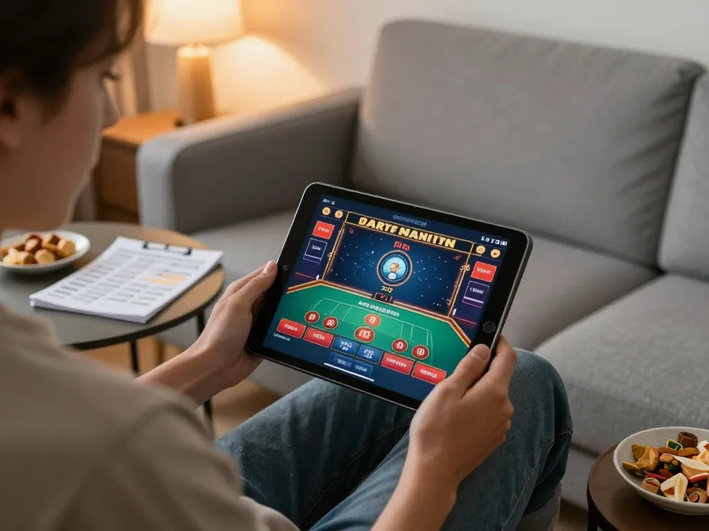 B52club player engaging with a live dealer game interface on a tablet in a cozy home setup.