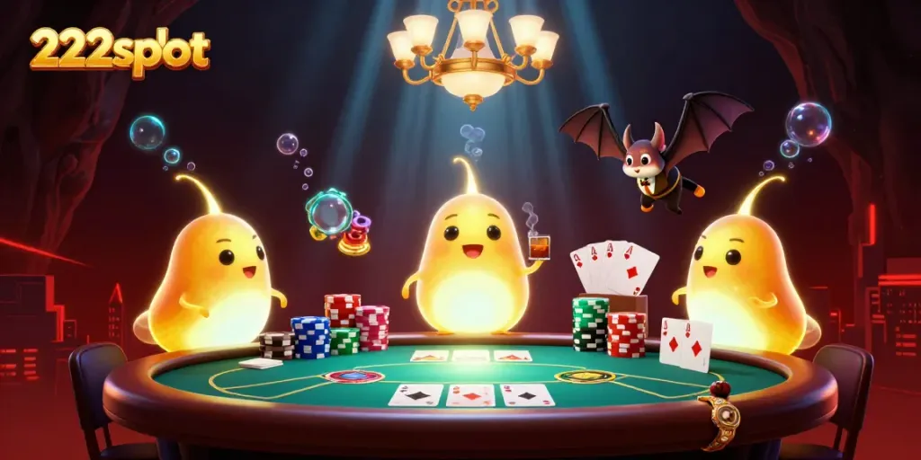 Gali kemenangan maksimal di 222slot dengan ilustrasi kasino unik dan karakter menarik di dalamnya.