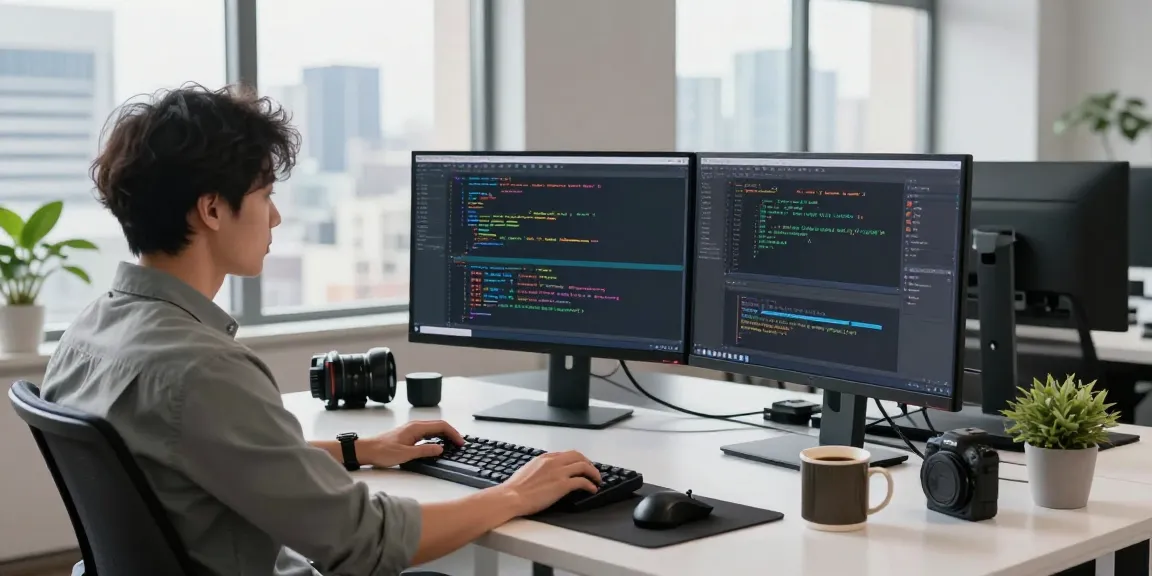 Developer coding at modern tech workspace with multiple screens showing software applications at https://www.bdtjl.app/