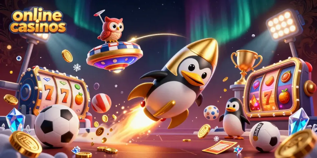 Explore dynamic online casinos with a rocket penguin racing to a casino space station, showcasing exciting gaming elements.