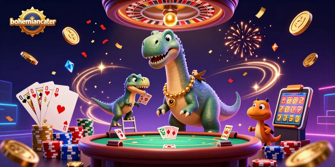 Engage in exciting casino action with bohemiancater featuring a playful brontosaurus and raptor as they deal cards.