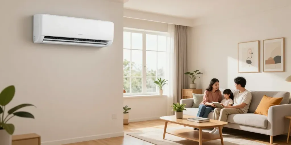 Family enjoying a cozy living room with a 12000 BTU mini split air conditioner mounted on the wall.