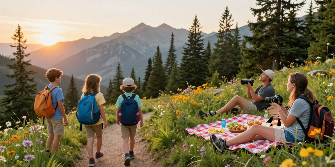 A family adventure exploring nature with mantra88 at a scenic mountain location during sunset.