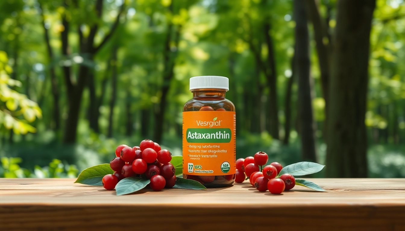 Showcase clean astaxanthin supplement surrounded by nature-inspired elements for health appeal.