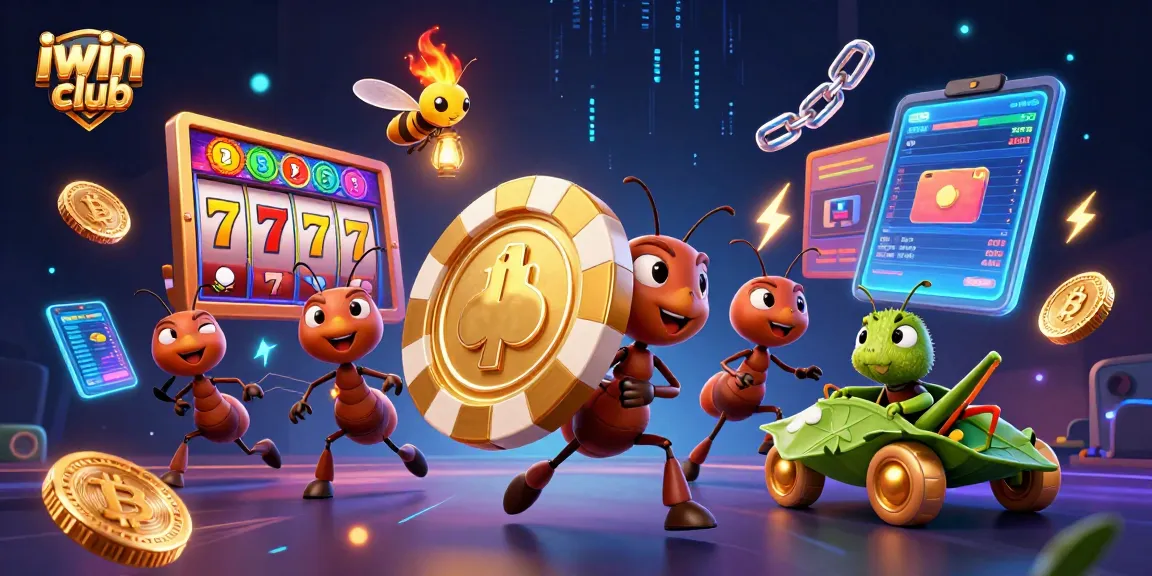 Engage with iwin club's exciting online casino experience featuring playful ants and vibrant slot elements.