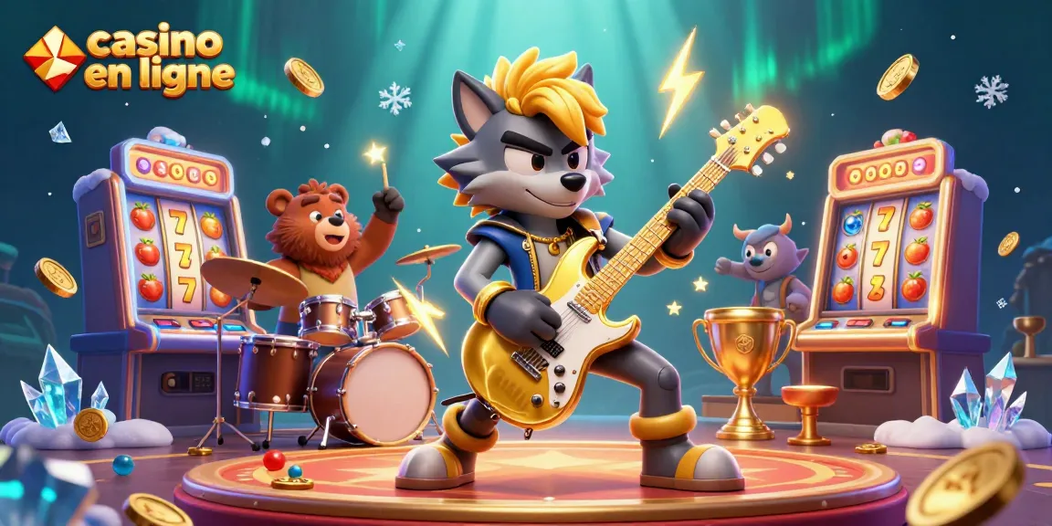 Jouer au casino en ligne avec un loup rock star et un ours batteur sur scène, entouré de machines à sous.
