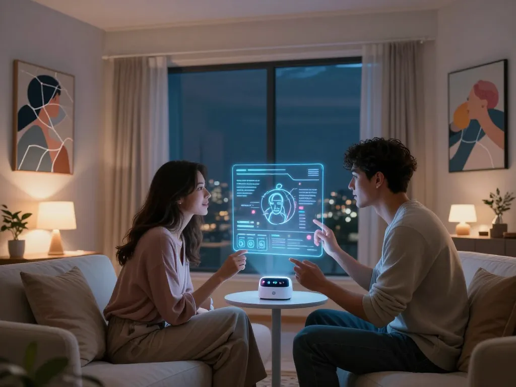 Couple exploring ai sex technologies with holographic interface in cozy intimate setting