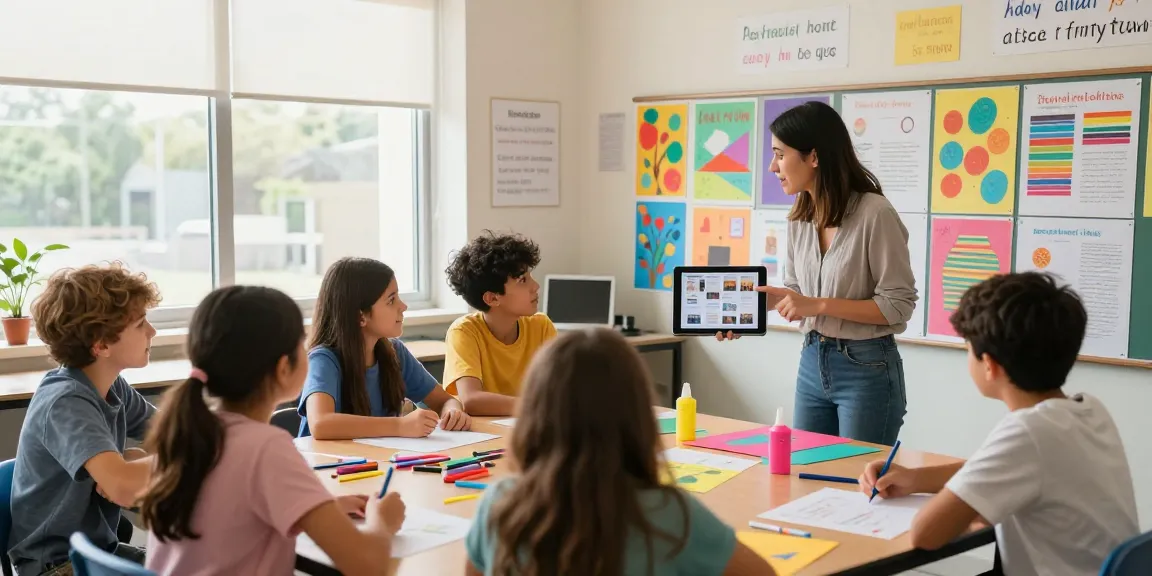 Engaging classroom scene with students using a Poster Maker For Schools to create colorful projects.