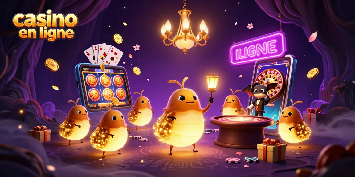 Plongez dans un casino en ligne coloré avec des vers luisants illuminant la scène et des jeux étincelants.