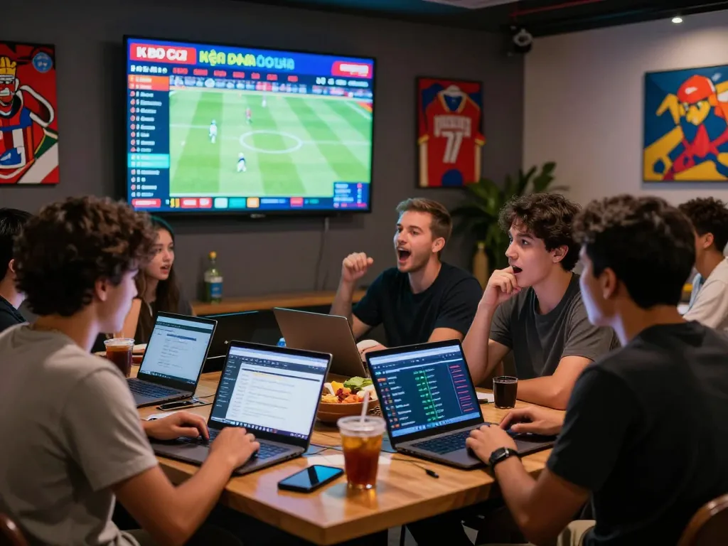 Kèo nhà cái dynamic betting scene with engaged players analyzing live football match odds and updates.