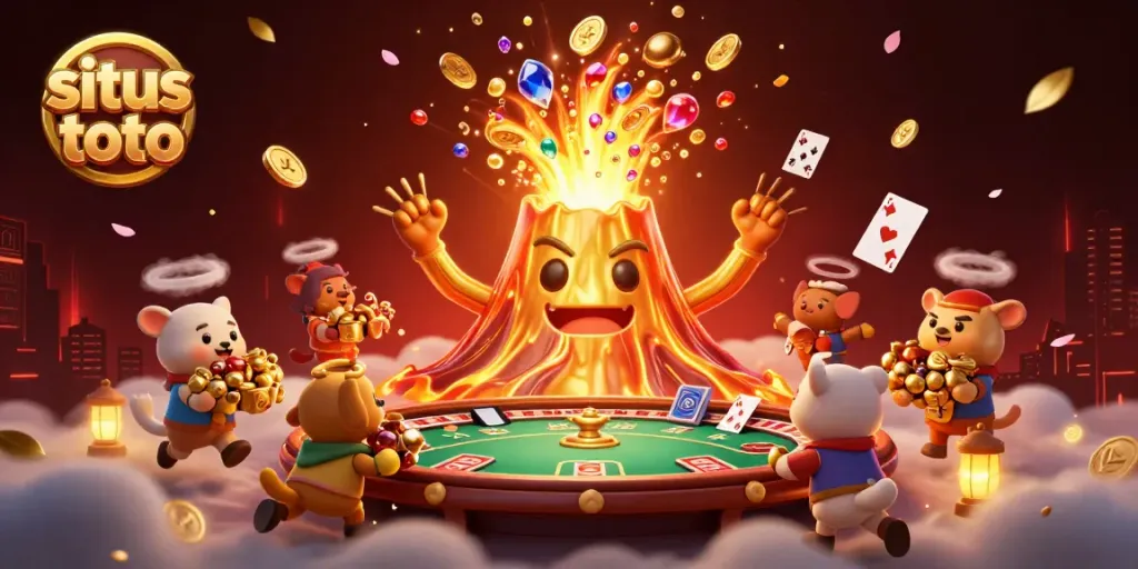Gambarkan keseruan taruhan di situs toto dengan tumpukan emas dan simbol permainan kasino.