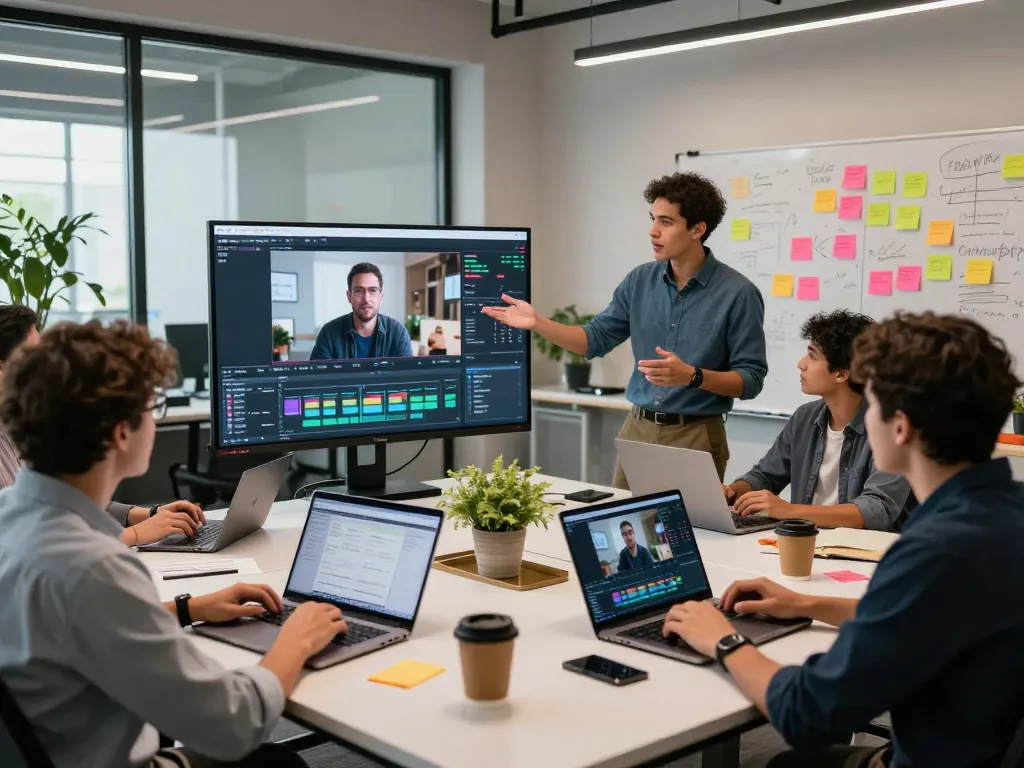 Dynamic collaborative workspace showcasing diverse team using video to prompt ai technology for video content creation.