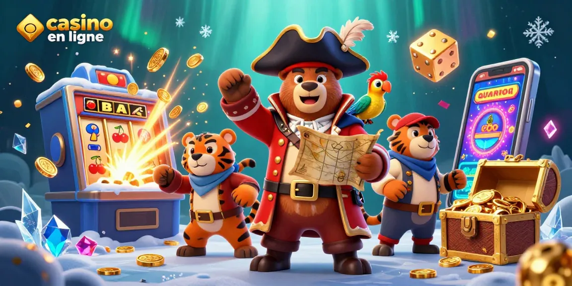 Profitez de l'expérience de casino en ligne avec un ours pirate et un tigre entourés de jeux captivants.