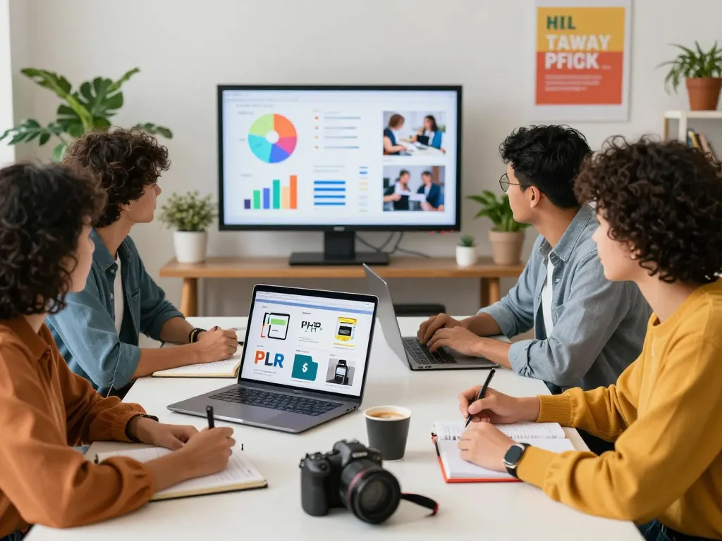Buy PLR Digital Products in a vibrant workspace with entrepreneurs collaborating on e-commerce strategies.