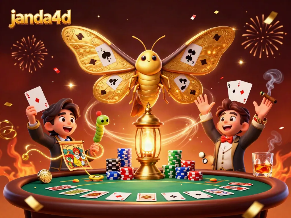 Menampilkan suasana kasino dengan janda4d, kupu-kupu raksasa, dan elemen permainan kartu serta chip poker.