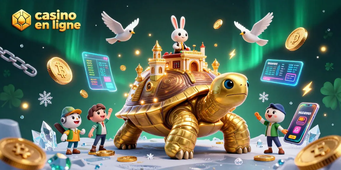 Jouez avec le casino en ligne illustré par une tortue dorée géante transportant un palais de casino sur sa carapace.