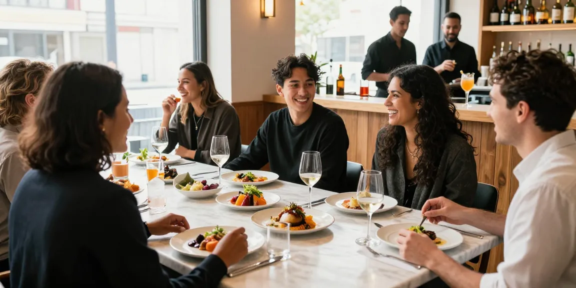 Diverse friends savoring gourmet dishes at TrestleOnTenth, showcasing Sydney303 culinary excellence.