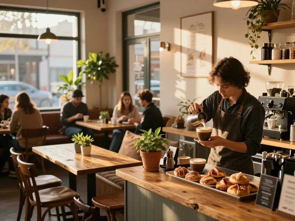 ตกแต่งร้านกาแฟ with inviting interior showcasing barista crafting coffee and cozy seating.
