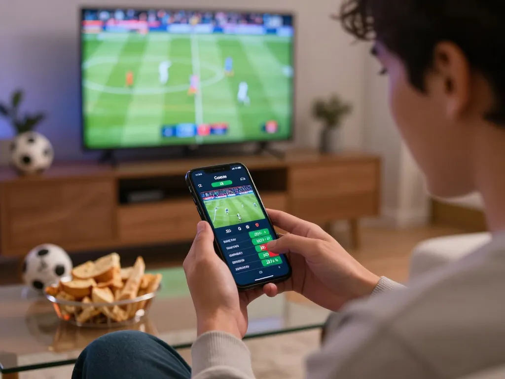 Excited sports bettor using go8 mobile app to place bets during a live match.