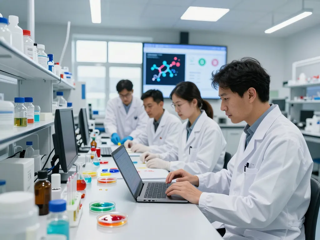 Innovative scientists collaborating on sustainable biodegradable materials at www.bluepha.bio in a modern lab environment
