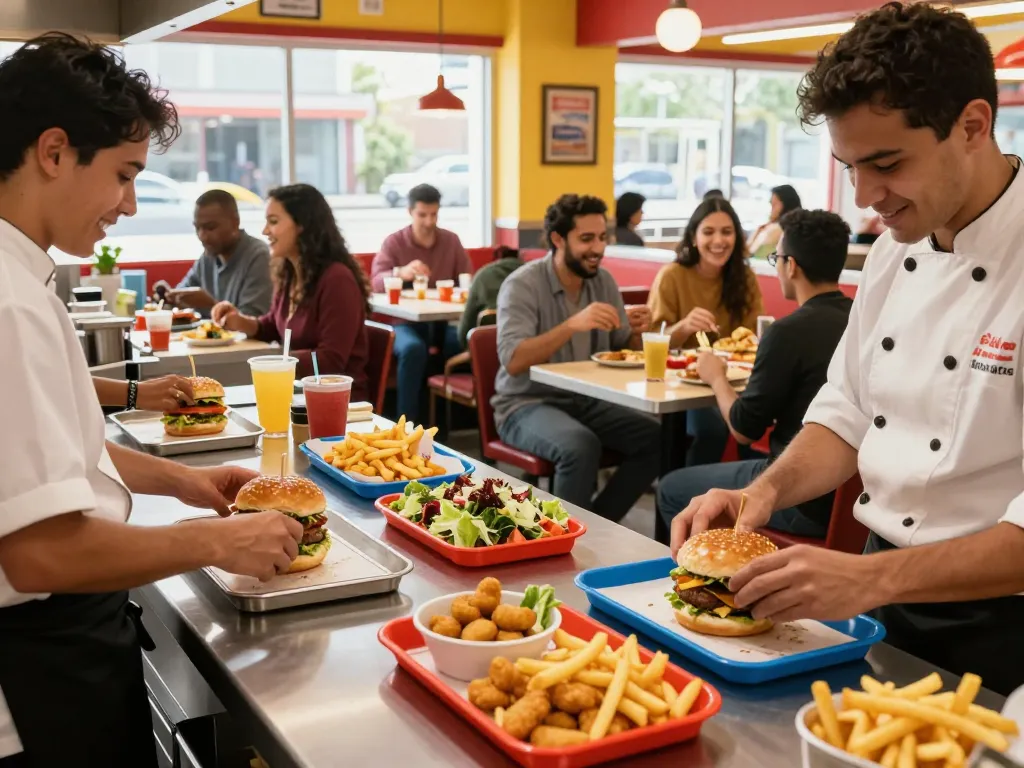Delicious fast food menu items being prepared in a lively restaurant kitchen.