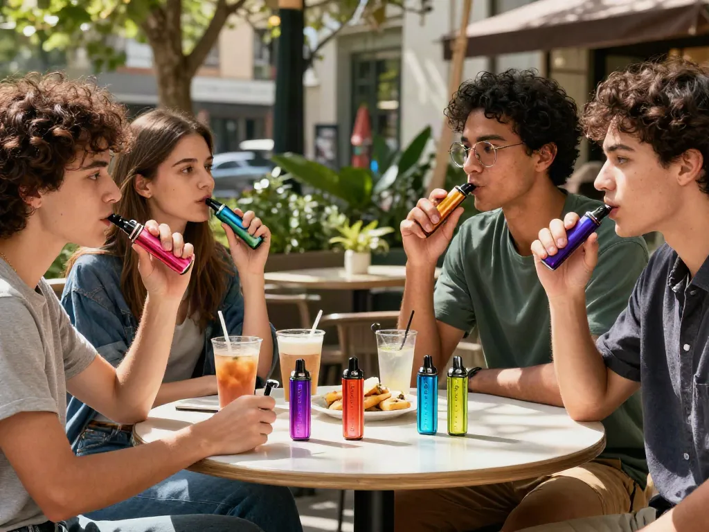 Group of friends enjoying vibrant ryse vape pens at an urban café.