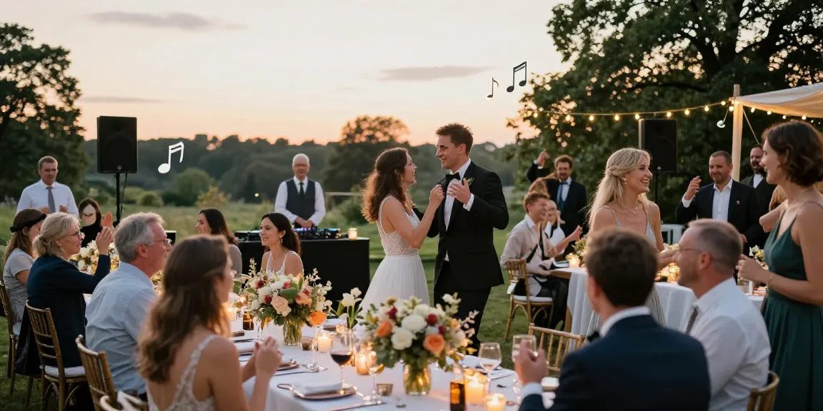 DJ für Hochzeit Berlin: Festliche Hochzeit nahe DJ-Stand mit tanzenden Gästen.