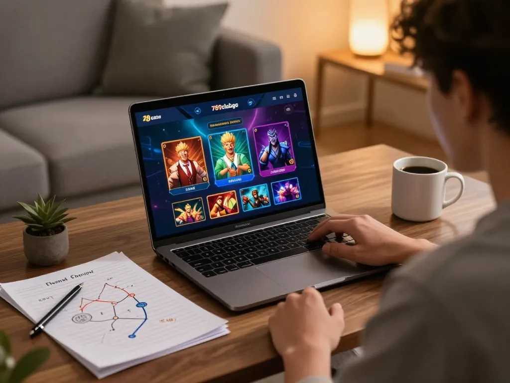Engaging with 789clubgo app on a laptop for online casino gaming in a cozy setting.