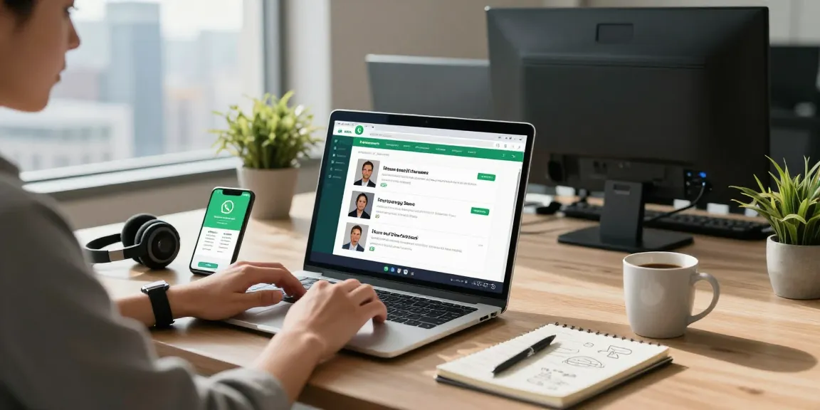 Person using WhatsApp網頁版 on a laptop in a modern office, surrounded by digital devices.