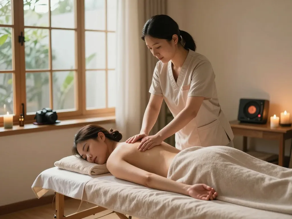 Client receiving 출장마사지 in a serene home spa setting with calming elements.