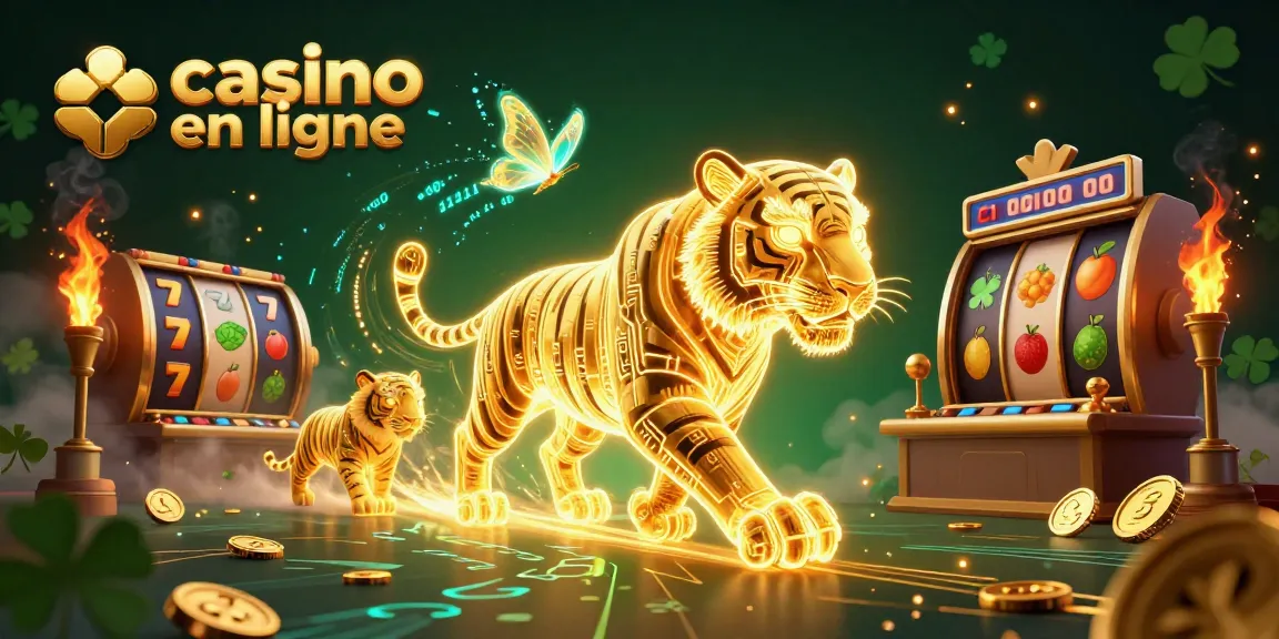 Illustration animée d'un casino en ligne avec un tigre lumineux et des symboles de machines à sous.