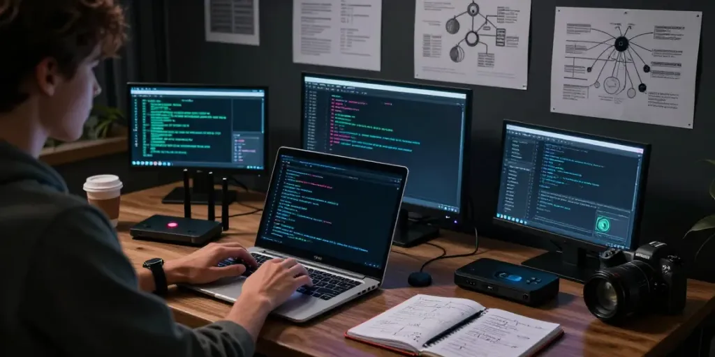 Engaging workspace exploring the hidden wiki dark web with multiple screens and tech gadgets.