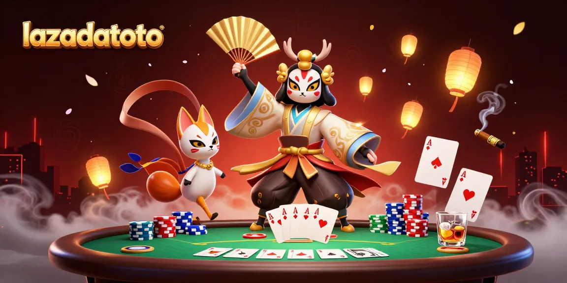 Menghidupkan aksi bermain poker dengan lazadatoto di tengah karakter kabuki dan elemen kasino.