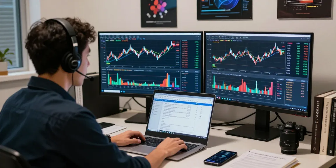 Trader analyzing NAGA2000 market trends on multiple screens in a modern office.
