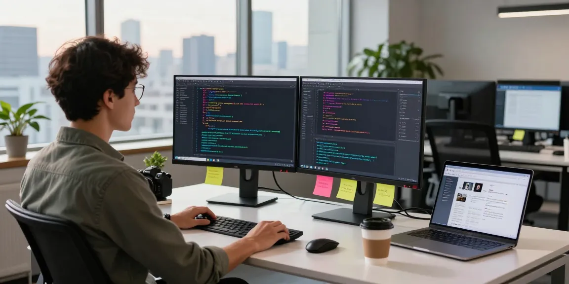 Developer working at a modern workspace showing code on dual monitors, highlighting teiegramin.com.