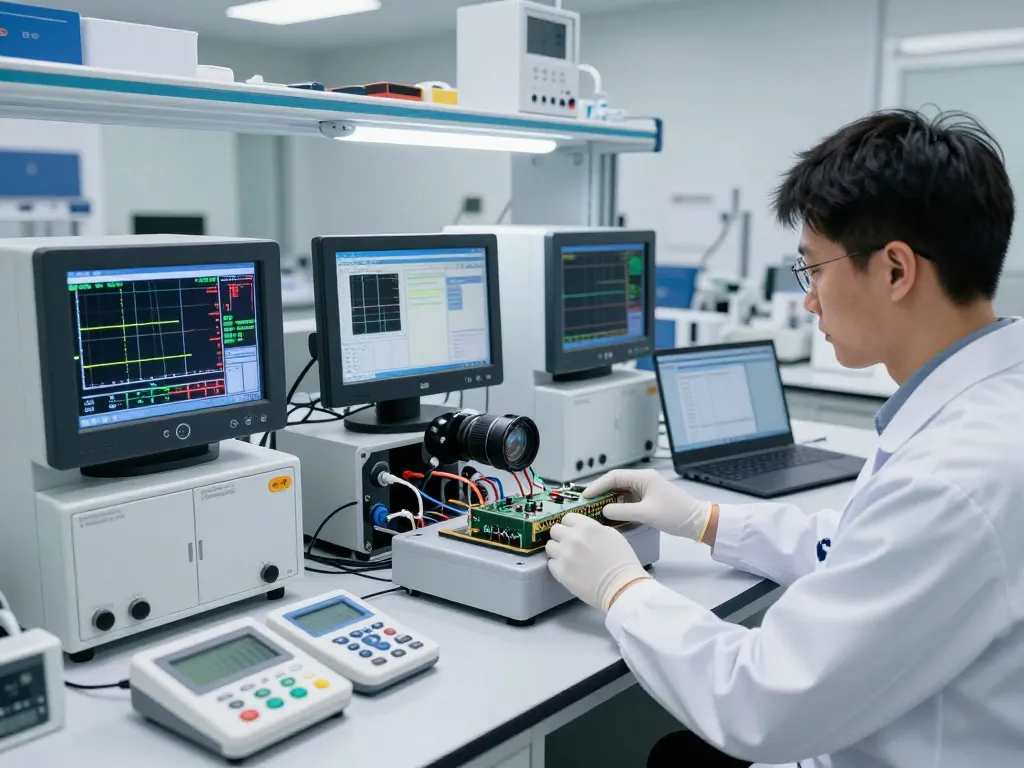 Technician performing ESD Testing on electronic devices in a high-tech laboratory environment.