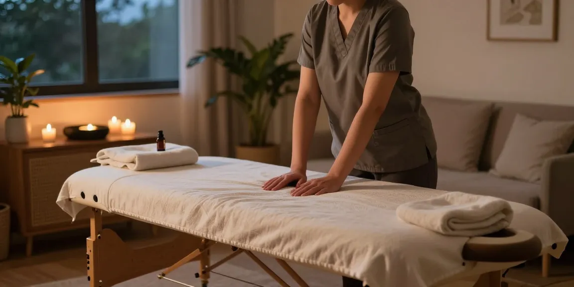 안양출장마사지 home service setup with therapist preparing for client relaxations in a tranquil setting.