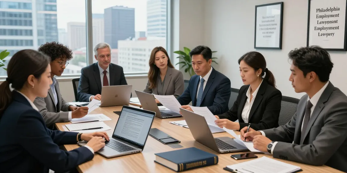 Philadelphia Employment Lawyer consulting with team, showcasing professionalism in a modern office.