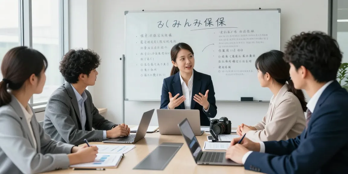 現代的なオフィス環境で中小企業のオーナーにとっての みん社保 の利点について話し合うビジネスコンサルタントたち。