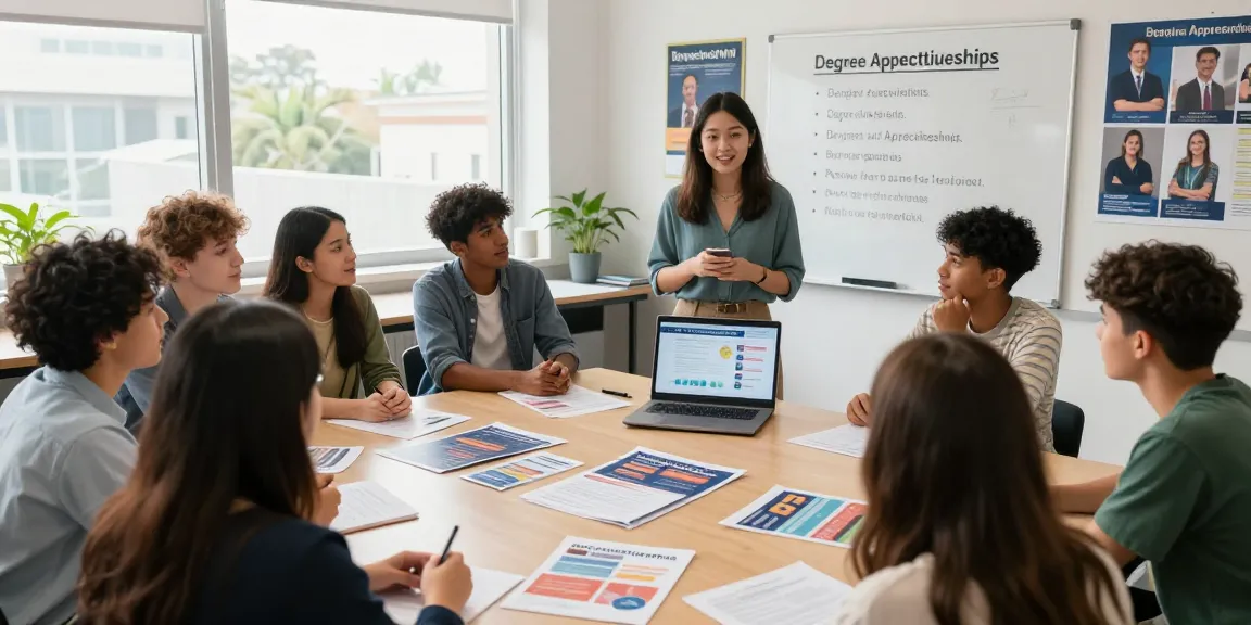 Young adults discussing degree apprenticeships in a bright classroom setting with engaging educational materials.
