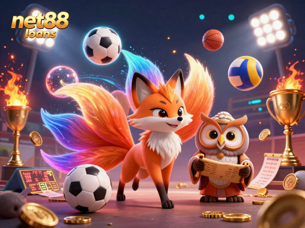 Engage with net88 loans featuring an enchanting nine-tailed fox and an owl sage amidst vibrant sports elements.