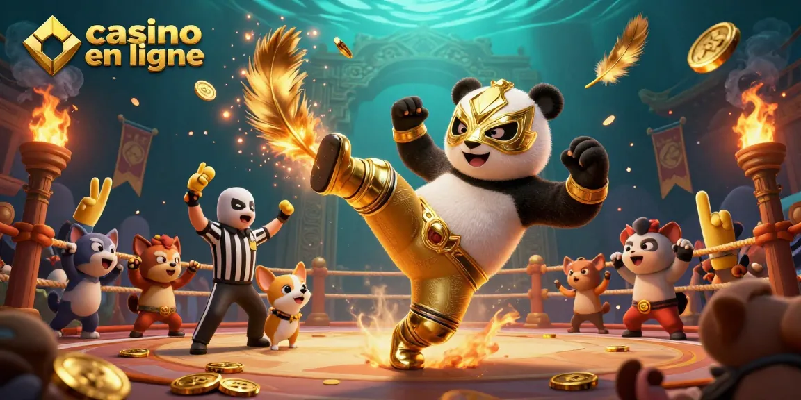 Illustration dynamique d'un panda lutteur dans un casino en ligne, entouré de spectateurs animaux et éléments de jeu.
