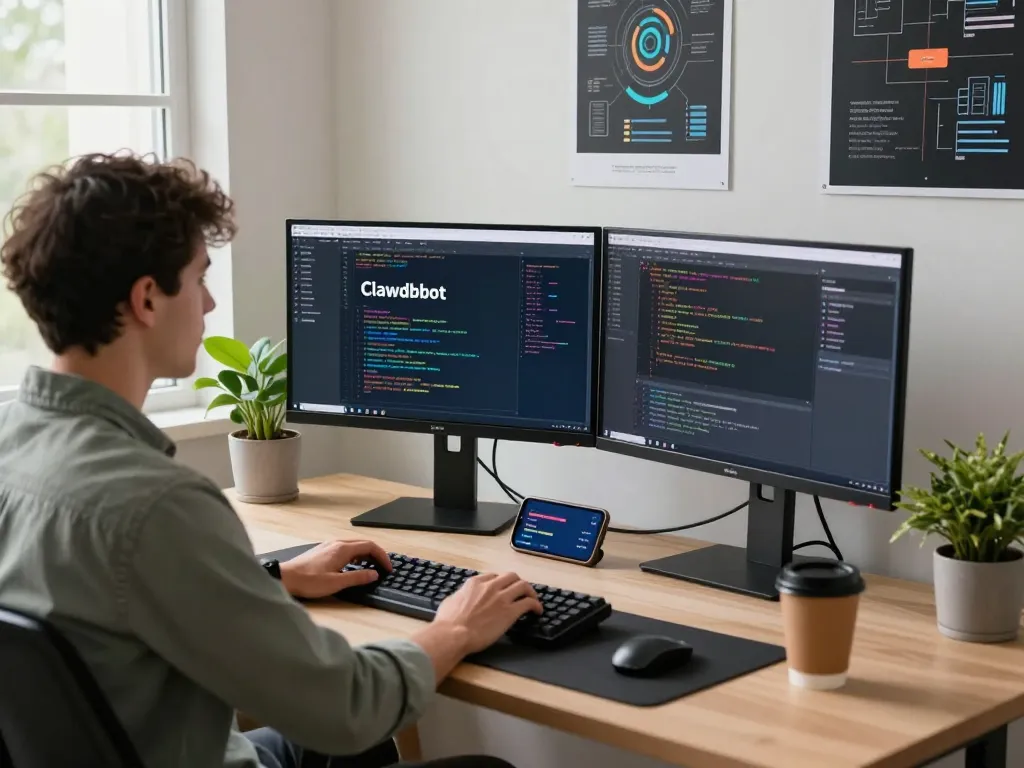 Developer using Clawdbot on dual monitors in a modern workspace