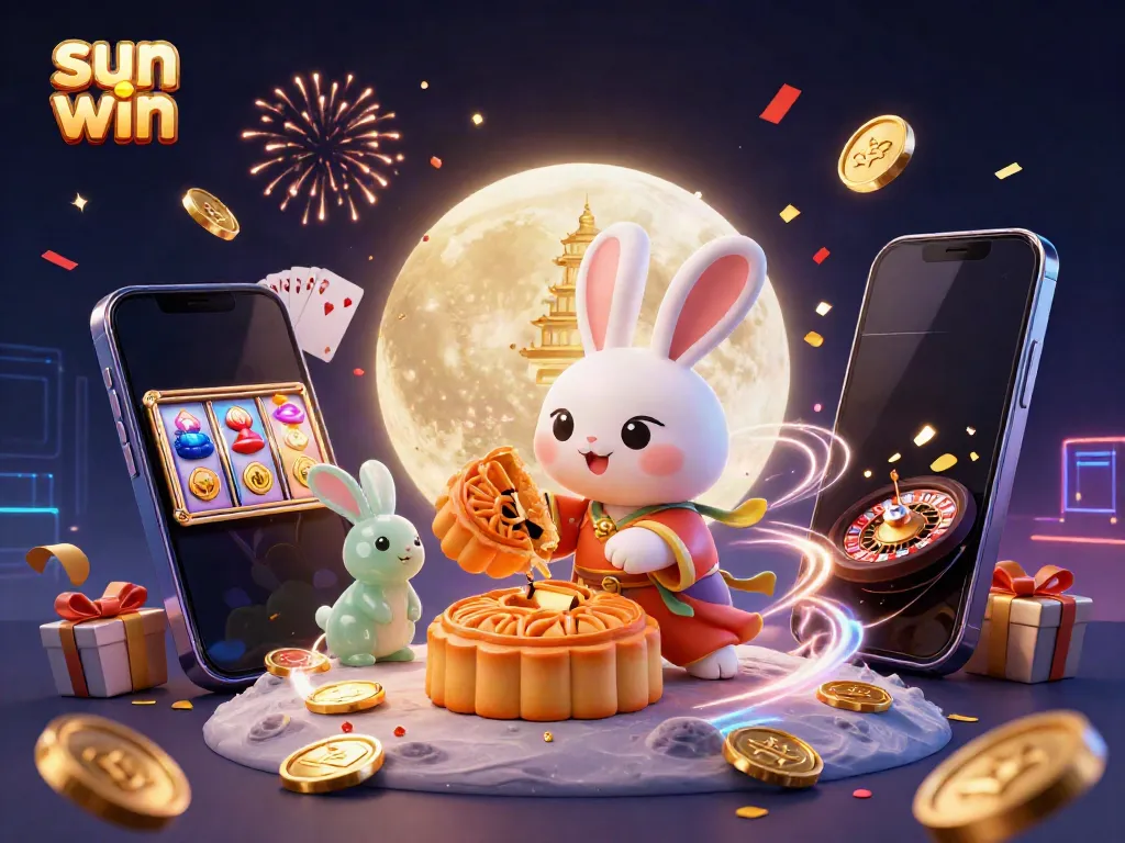 Engage with sun win's vibrant gaming scene featuring a moon rabbit and casino elements.