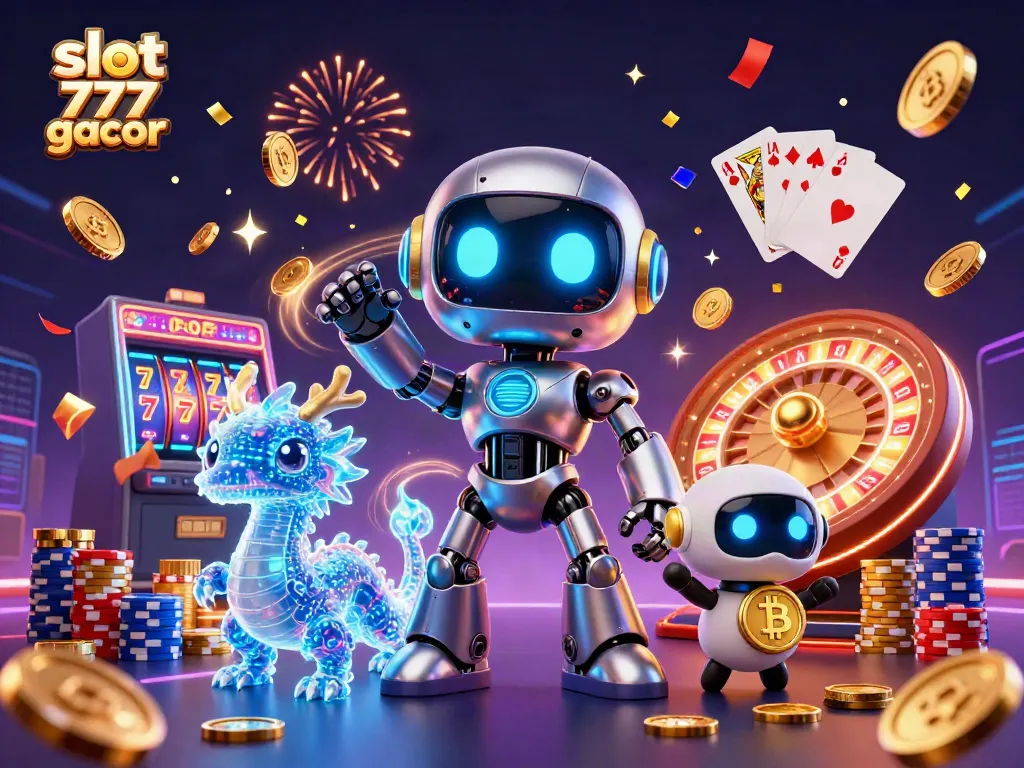 Menangkan slot 777 gacor dengan robot cyberpunk dan naga holografis dalam ilustrasi megah.