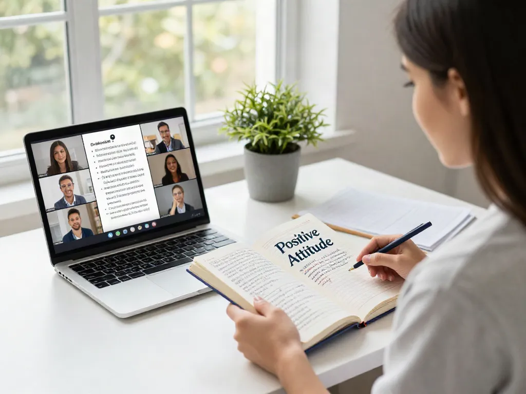Engaging workspace scene illustrating rokok88 login through a young woman reflecting on character building in a bright, motivational environment.