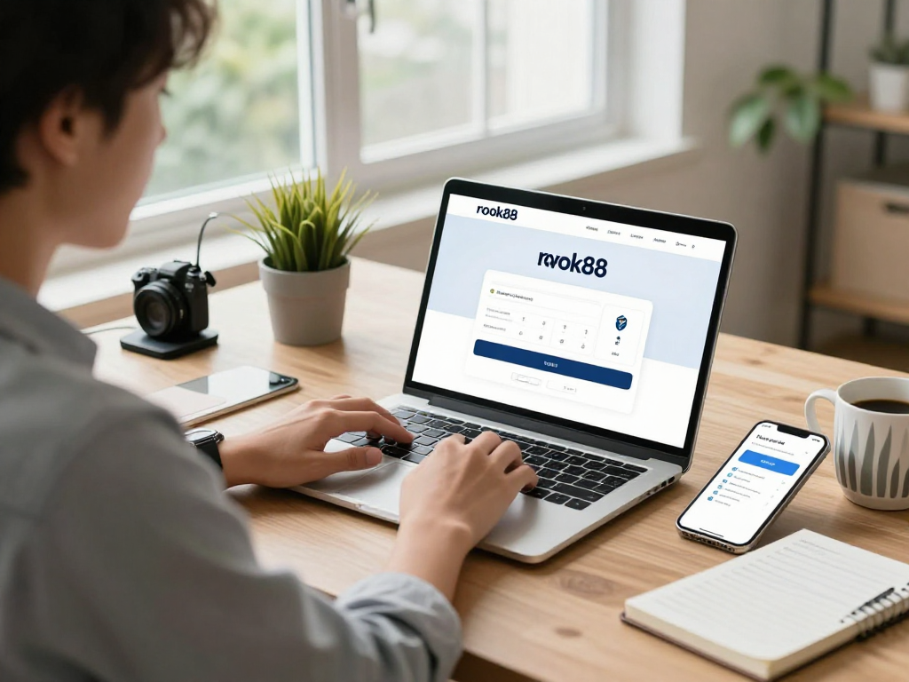 rokok88 login on a laptop in a modern home office with coffee and tech gadgets