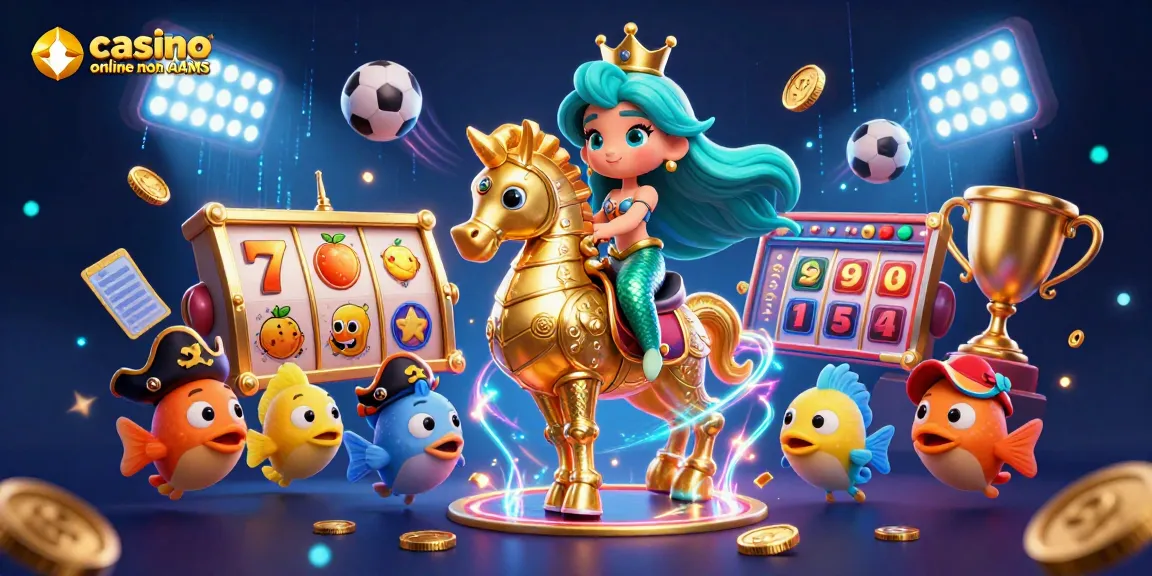Immergiti nel vivace mondo dei casinò online non AAMS con questa dinamica scena 3D che presenta una sirena e un cavalluccio marino.