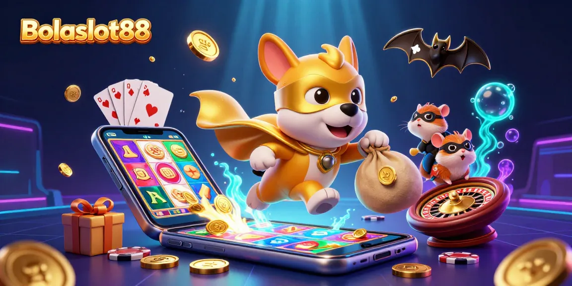 Bolaslot88 showcases a vibrant 3D cartoon scene of a superhero dog and hamster celebrating big wins with slot games.